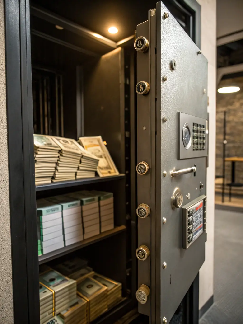 A secure vault filled with gold bars and financial documents, symbolizing wealth preservation and secure financial planning.