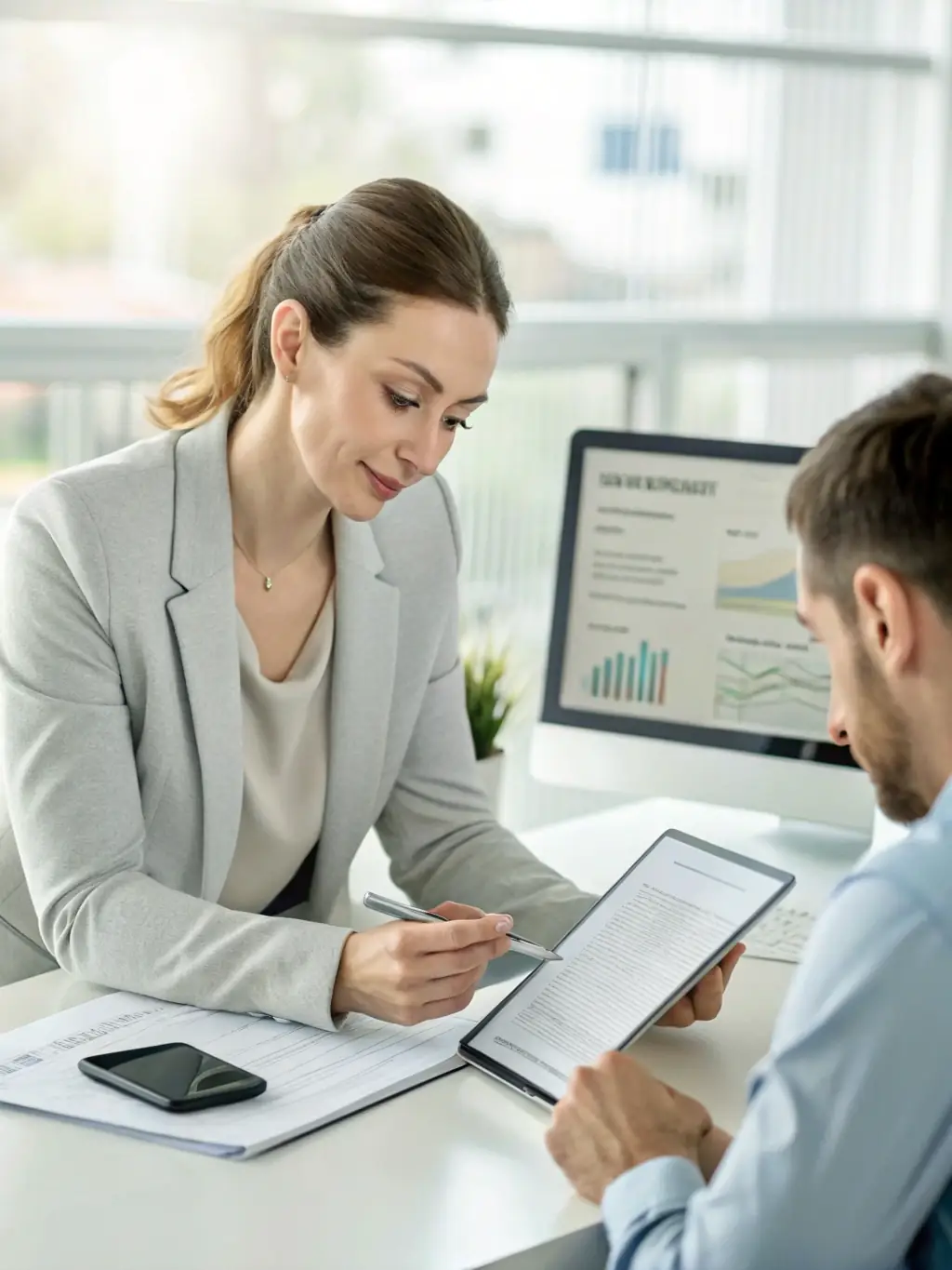 A financial advisor is using a tablet to demonstrate investment growth projections to a client, showcasing the potential for wealth accumulation.