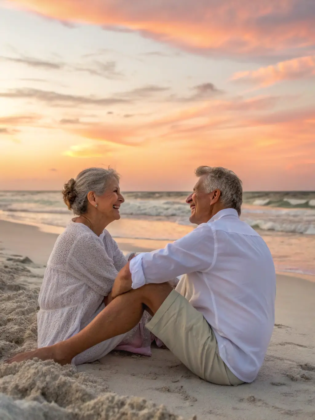 A serene image of a retired couple walking hand-in-hand on a beach at sunset, symbolizing a peaceful and financially secure retirement.