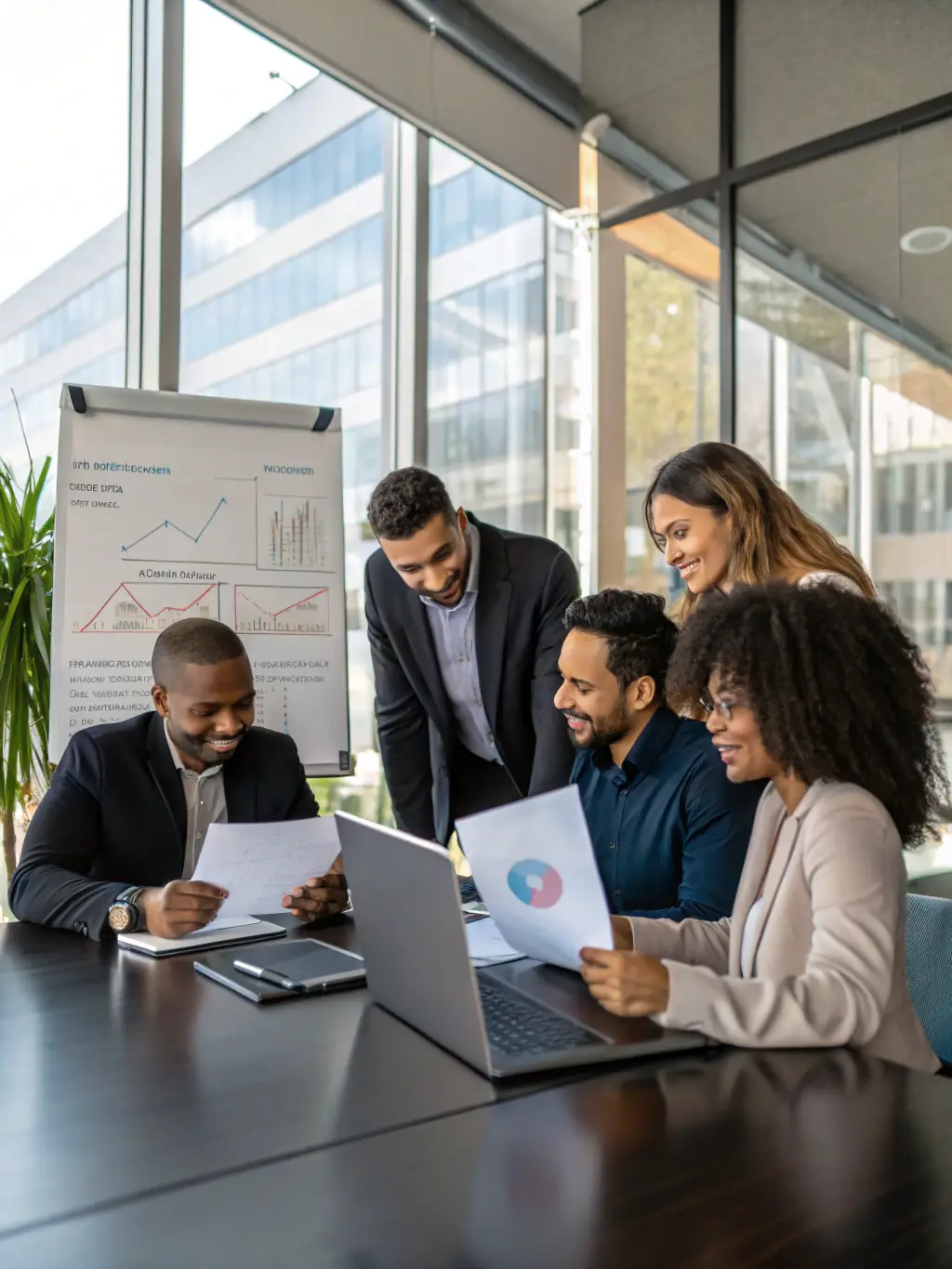 A diverse group of investors are collaborating on investment strategies in a bright, modern office, highlighting teamwork and strategic planning.