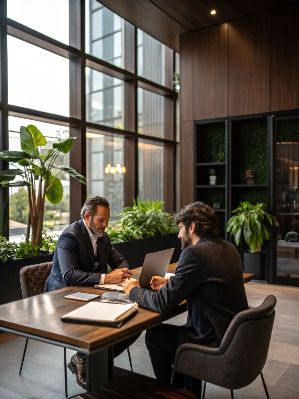 A modern office setting with a financial advisor reviewing documents with a client, highlighting the personalized service provided by Summit Bridge Advisory.