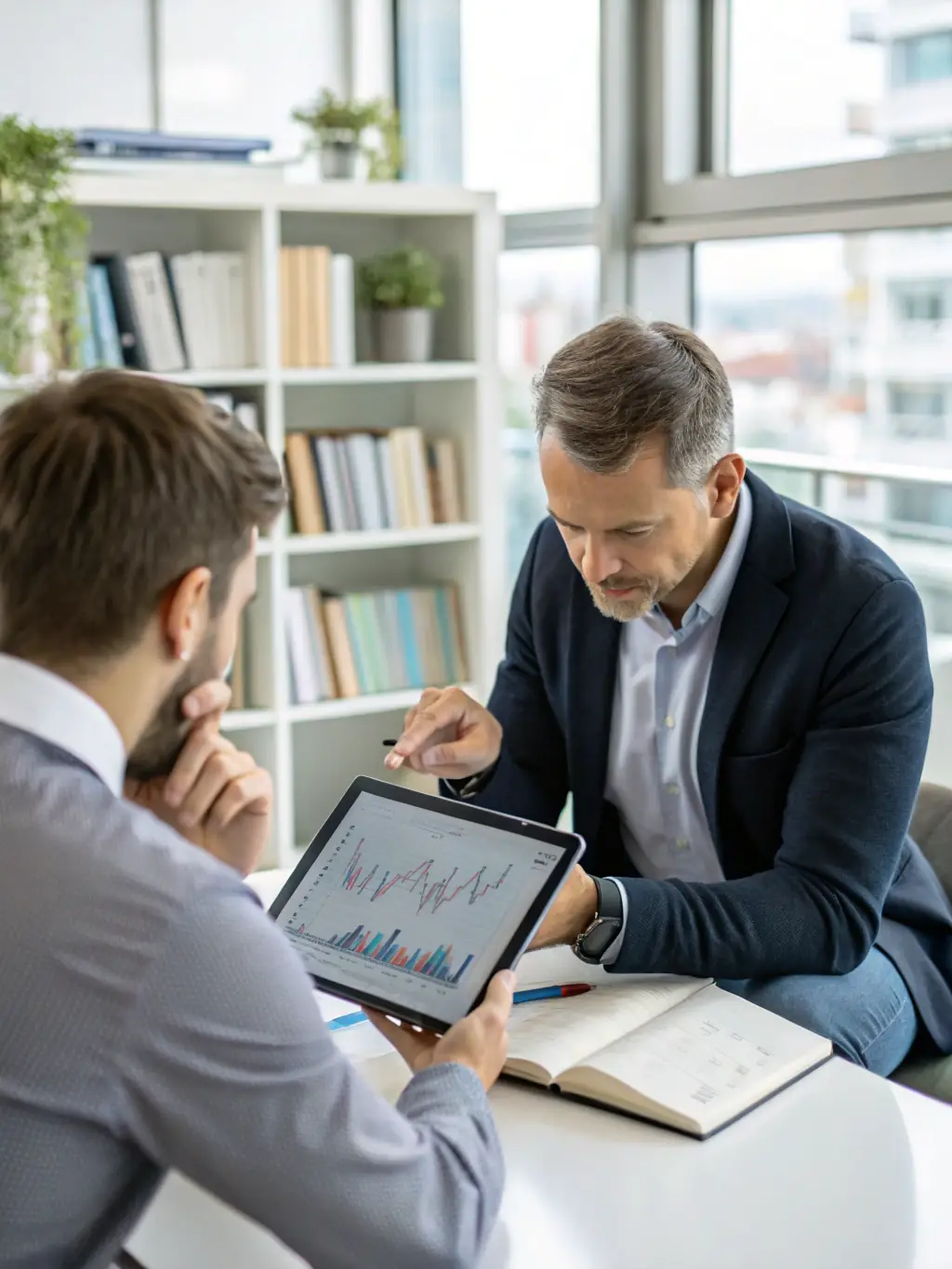 A modern office setting with a financial advisor explaining investment options to a client, using a tablet to display charts and data.