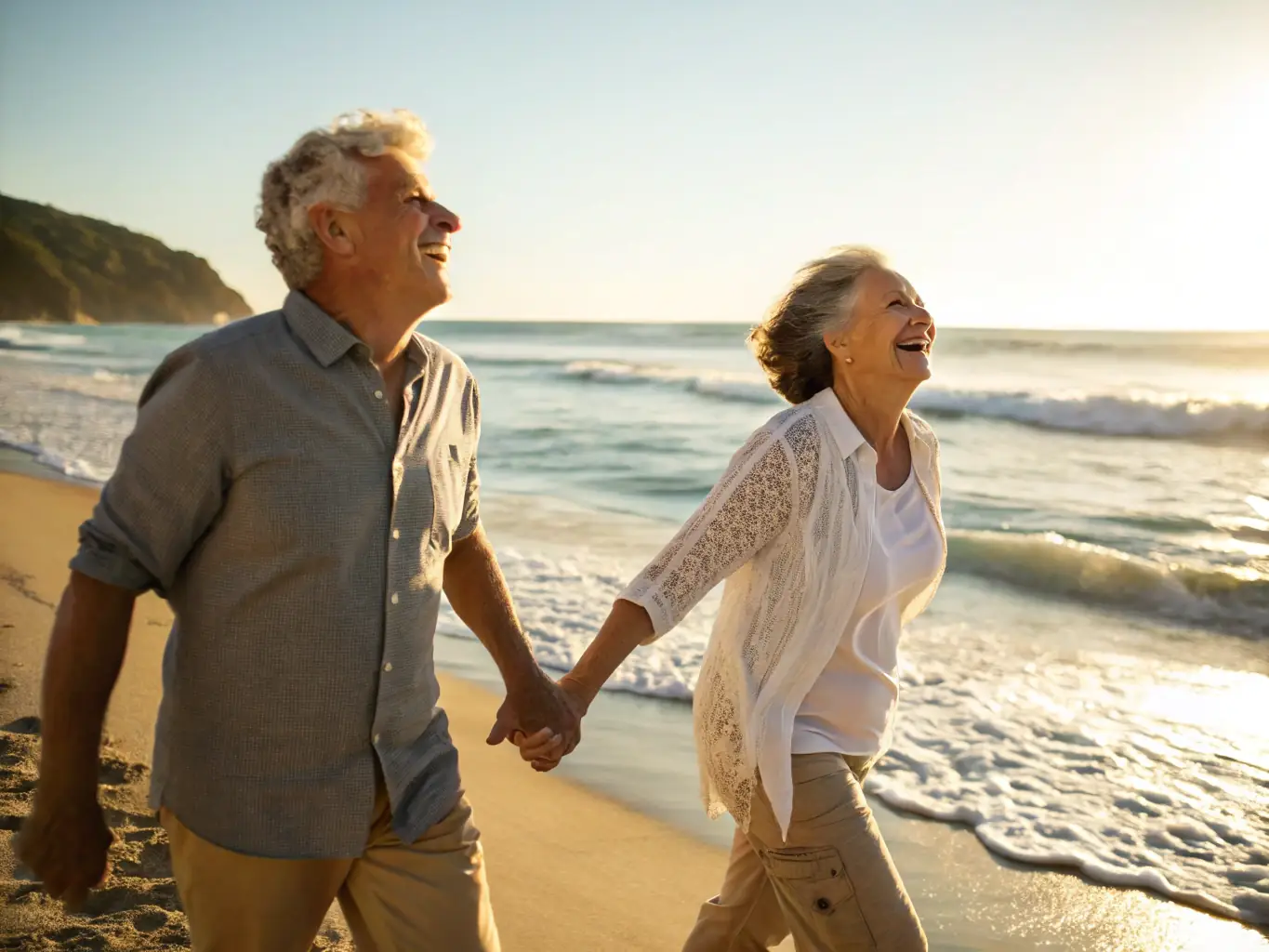 An image depicting a serene retirement scene, such as a couple enjoying their time on a beach, symbolizing the peace of mind achieved through retirement planning. The image should convey relaxation and financial security.