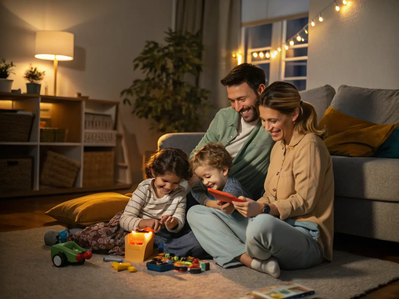 An image representing wealth management, such as a family happily gathered in a modern home, symbolizing financial security and legacy planning. The image should convey trust and long-term financial well-being.